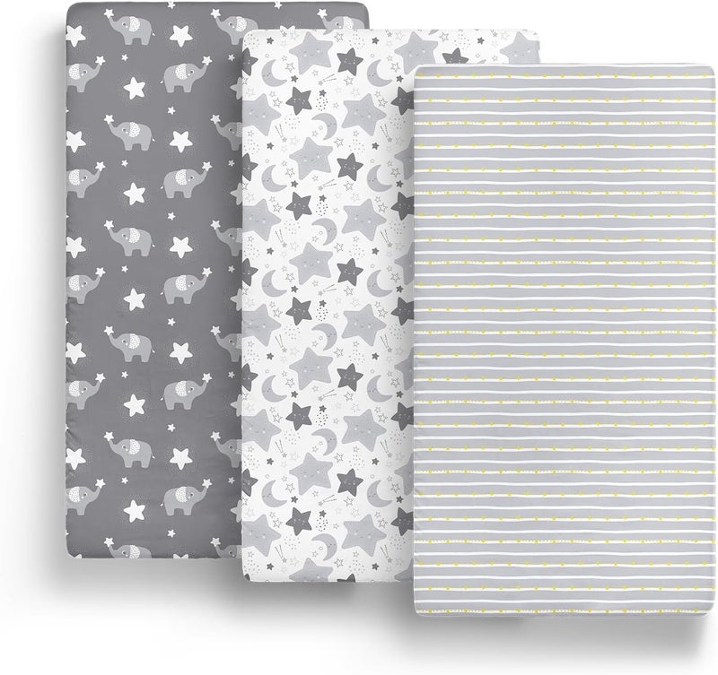 The Peanut Shell Mini Crib Fitted Sheets Set, Playard, Pack Play Sheets, Playpen, Elephant Stars - Image 5